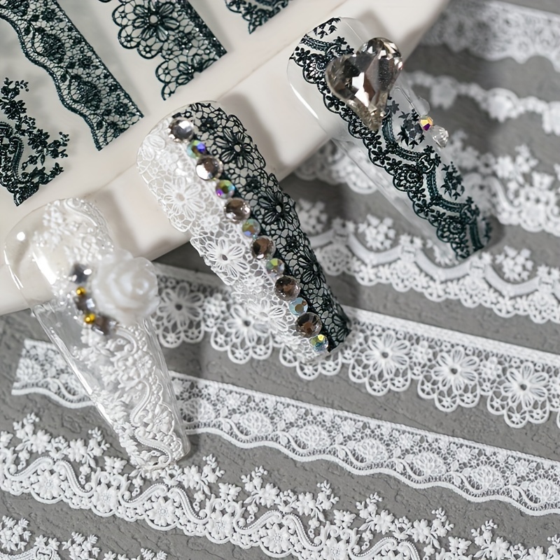 

Elegant Black And White Lace Nail Art Stickers - 5d , Adhesive, Princess Theme, Suitable For Diy Nail Art