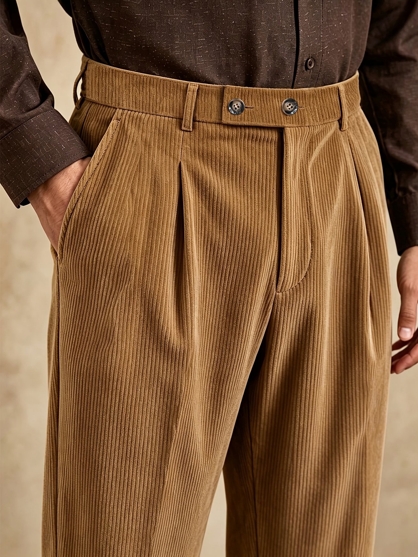 Men's Vintage Corduroy Trousers, High-Waisted with Double Pleats and Elastic Waistband, Designer Draped Wide-Leg Pants for Autumn/Winter Business Casual Formal Wear