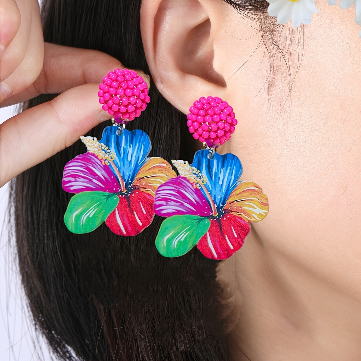 Elegant Multi-Colored Petal Design Resin Flower Earrings