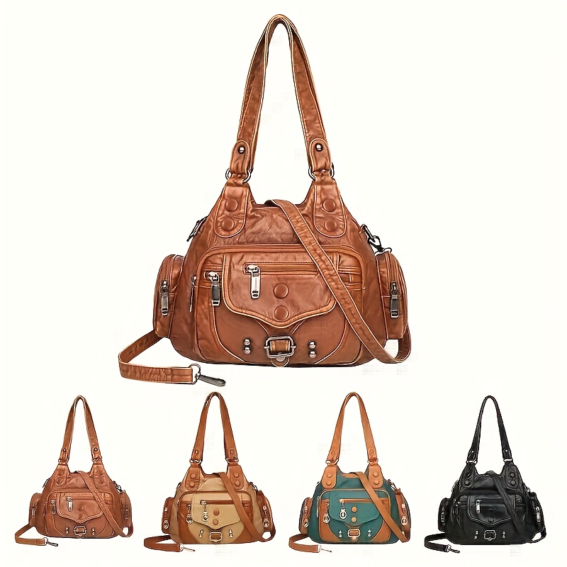 

Women' Chic Vintage Hobo Shoulder Bag With Classic Zipper And Rivet Accents - Handbag