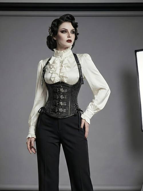 dark gothic style black jacquard tight fitting underbust corset top halloween costume corset