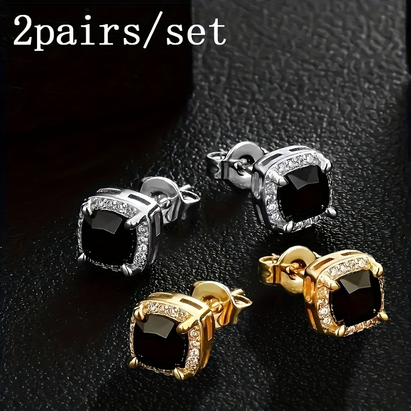 

2pairs/set Square Black Zirconia Mini Earrings For Men And Women, Fashionable Hip-hop Style Trendy Jewelry