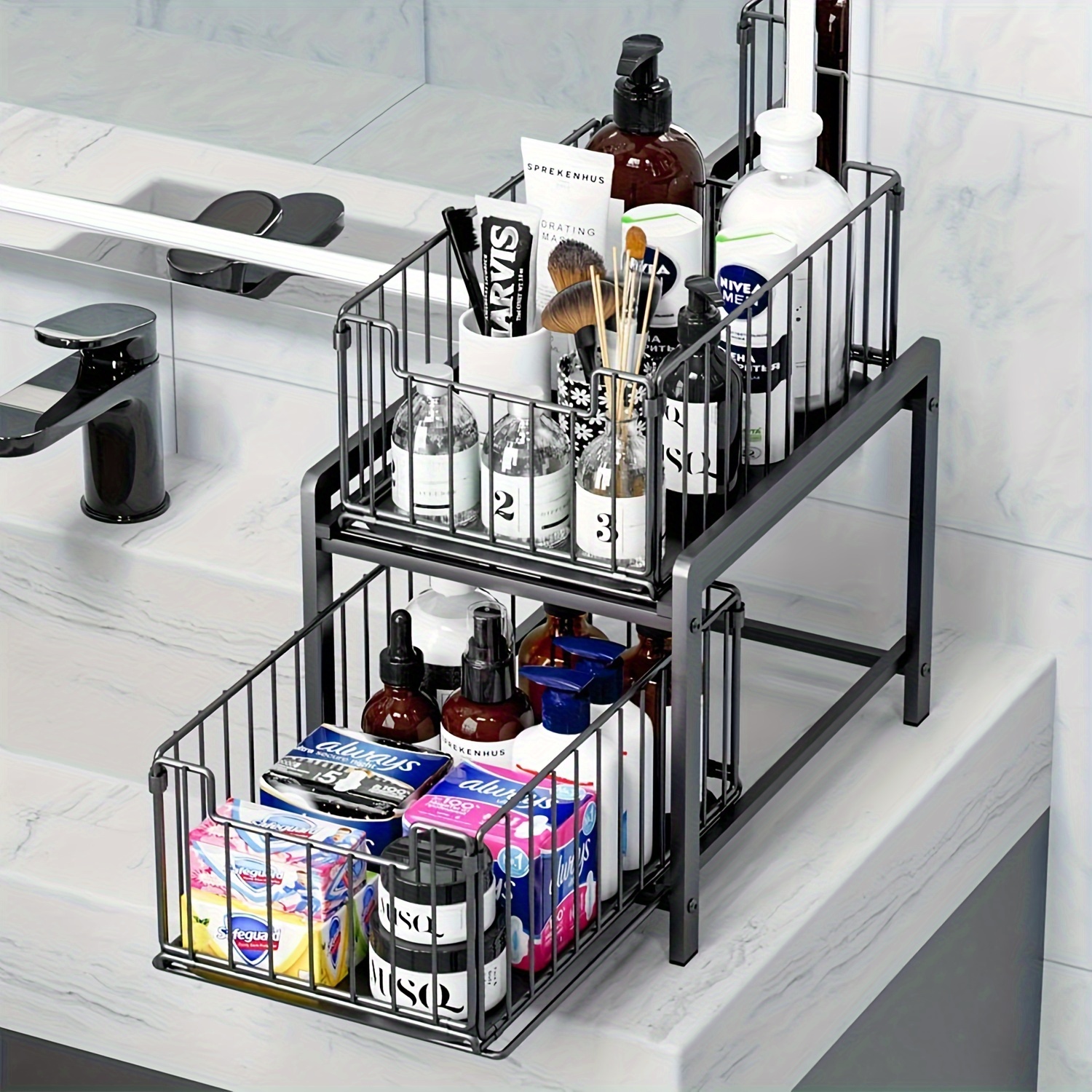 

Storage Shelf Kitchen Shelf With 2 Basket Extendable Multifunctional Double Layer, Carbon Steel Shelf Large Size 50kg Bearing, Storage Bathroom Organizer For Home And Office