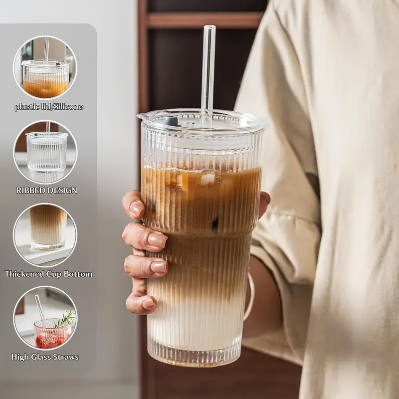 2pcs set of 600ml 20oz glassware with lid and glass straw ribbed glass bucket thick glass iced coffee smoothies cocktails and juices elegant and durable beverages Product details 7
