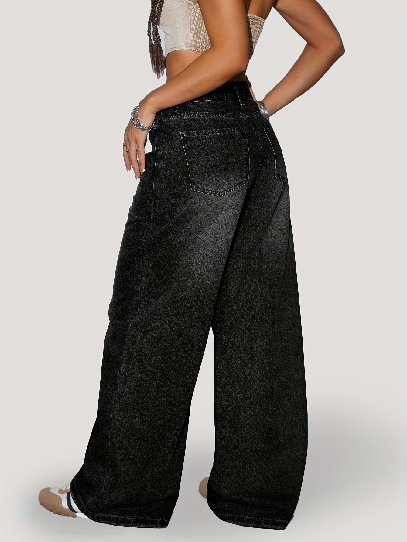 High-Waisted Wide-Leg Jeans for Women - Casual Denim Pants with Button Closure, 80% Blend, Water-Washed Texture, Loose Fit, Solid Color, All-Season Comfort