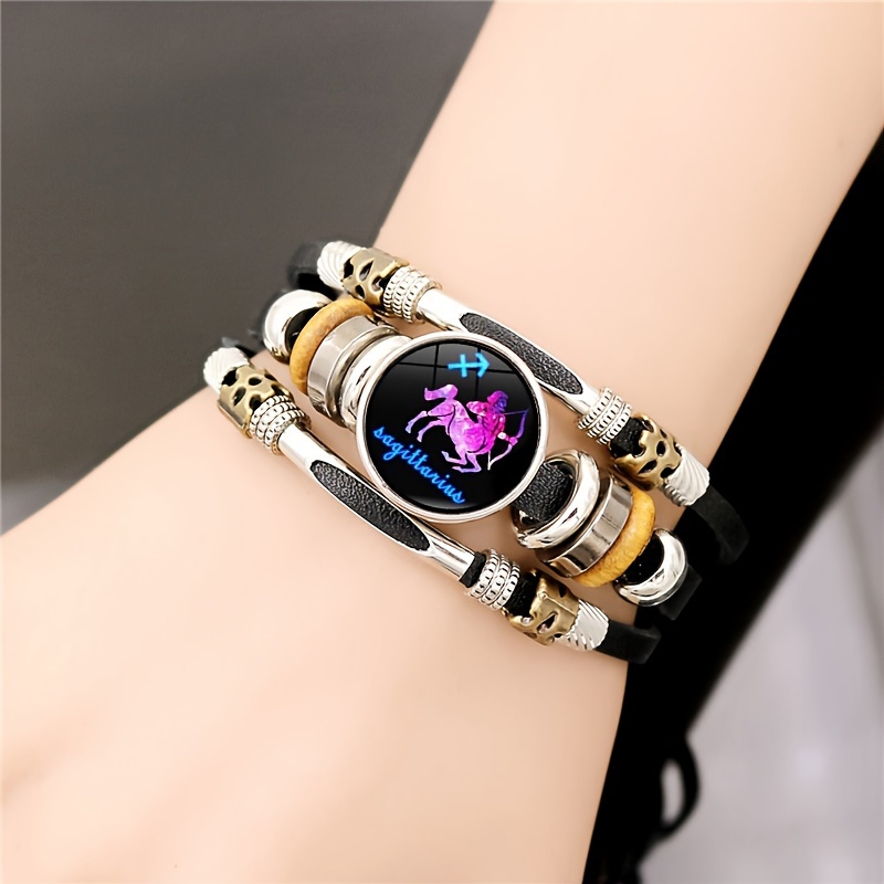 

1pc 12 Zodiac Luminous Pu Leather Bracelet, Men Women Cool Multilayer Beaded Bracelet, Creative Hand Jewelry Party Birthday Favors