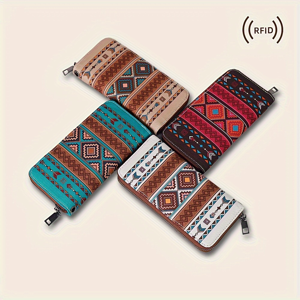 

Vintage Bohemian Style Women's Rfid Wallet - Waterproof Canvas With Zippered Coin Purse & Card Slots, Geometric Pattern In Khaki/teal/cream/burgundy, Small Purse And Wallet Combo