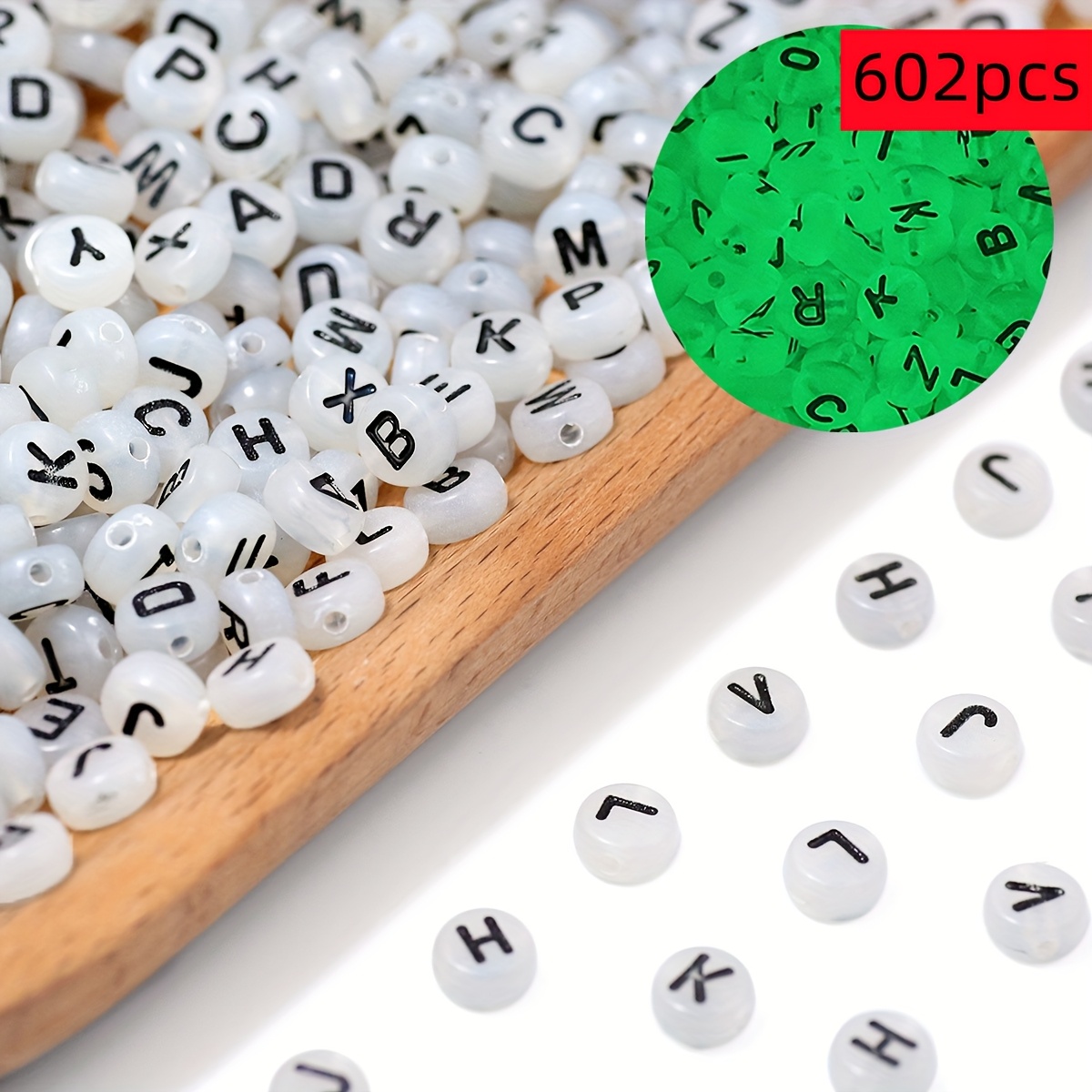 TEMU 602pcs Perles Acryliques Luminescentes 4*7Mm de Lettres, Perles Libres avec Trous Droits, Perles pour la Fabrication de Bracelets de Nom, Perles