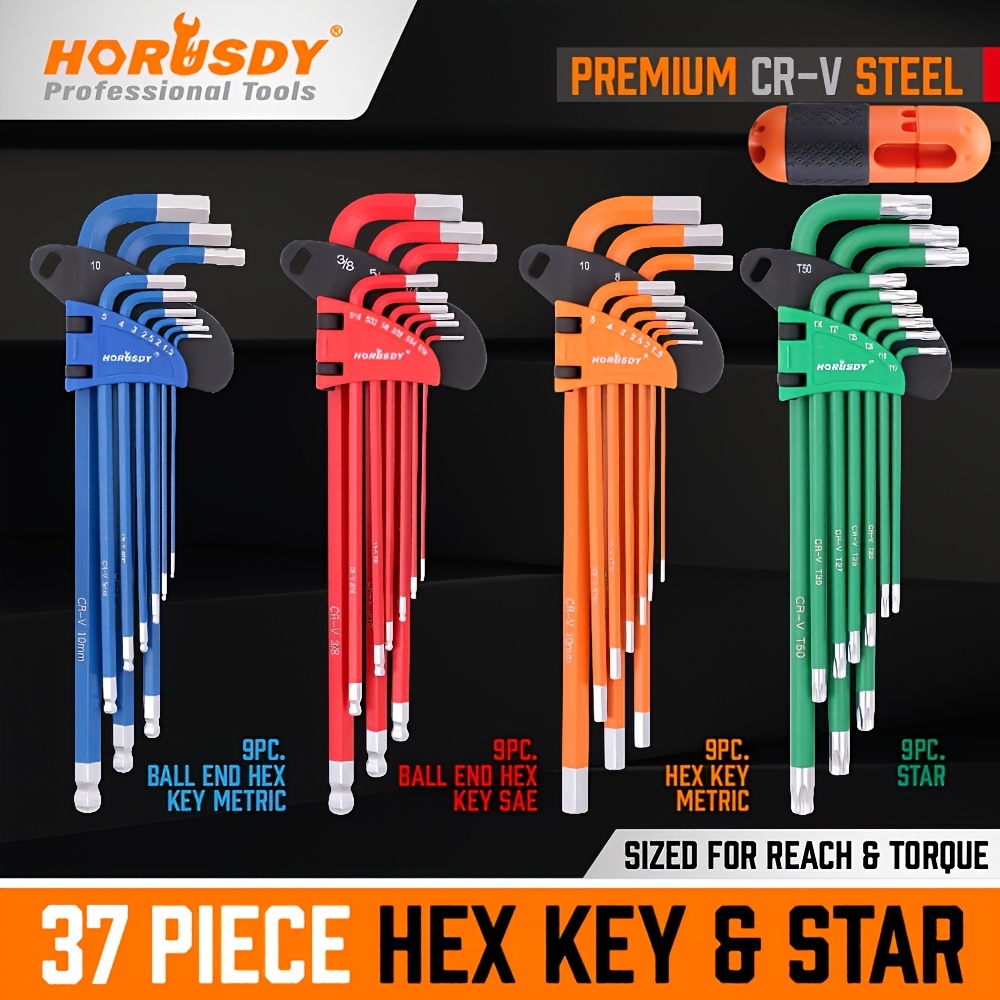 

Horusdy 37pcs Hex Key & Torx Wrench Set - Steel, Anti-tamper Sae & Metric Sizes With Long Arm Ball Ends For Industrial Use