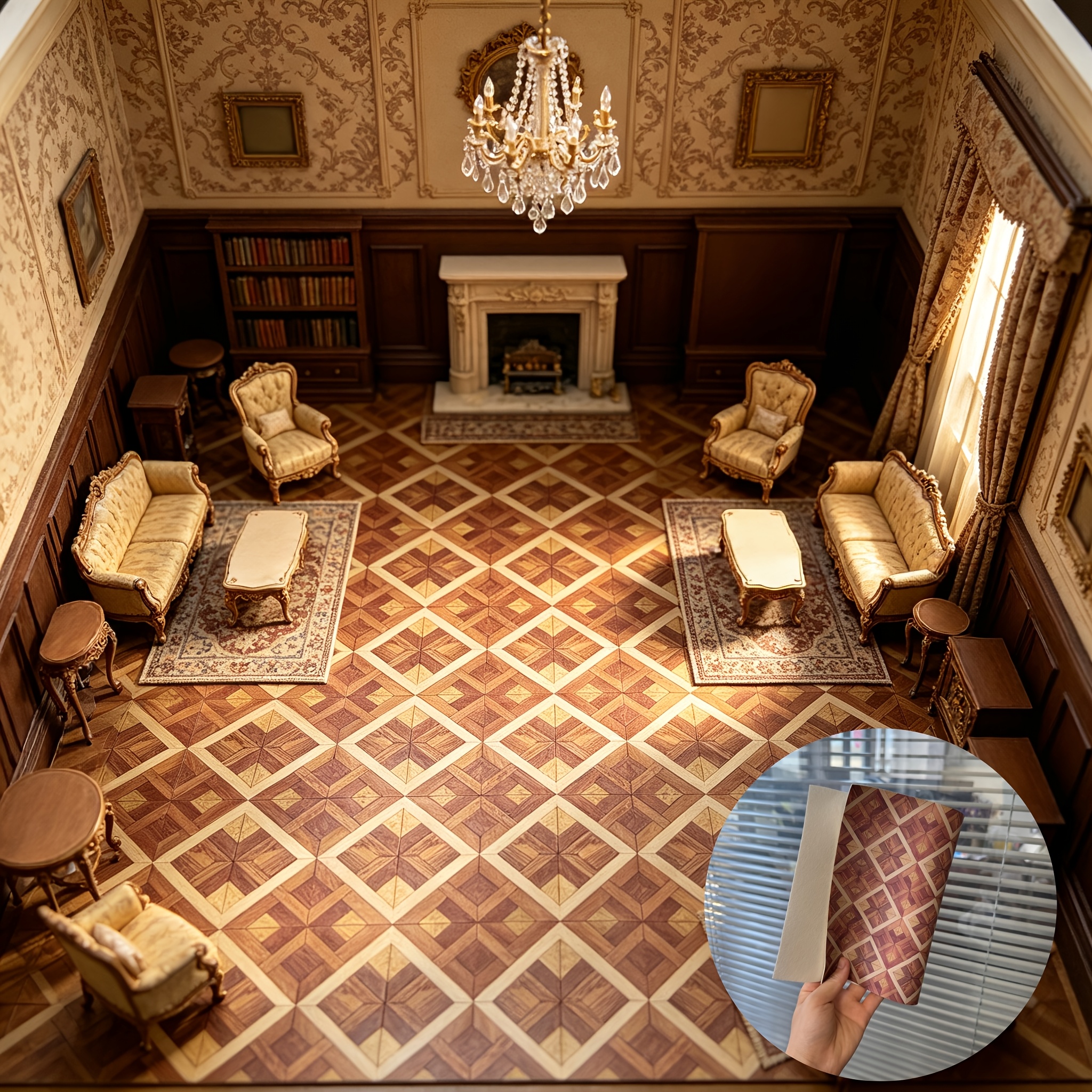 TEMU 1pc Dollhouse Retro Diamond Pattern Floor Model, Self-adhesive Faux Pu Faux Leather Floor Model, Miniature Dollhouse Living Room Ground Scenery