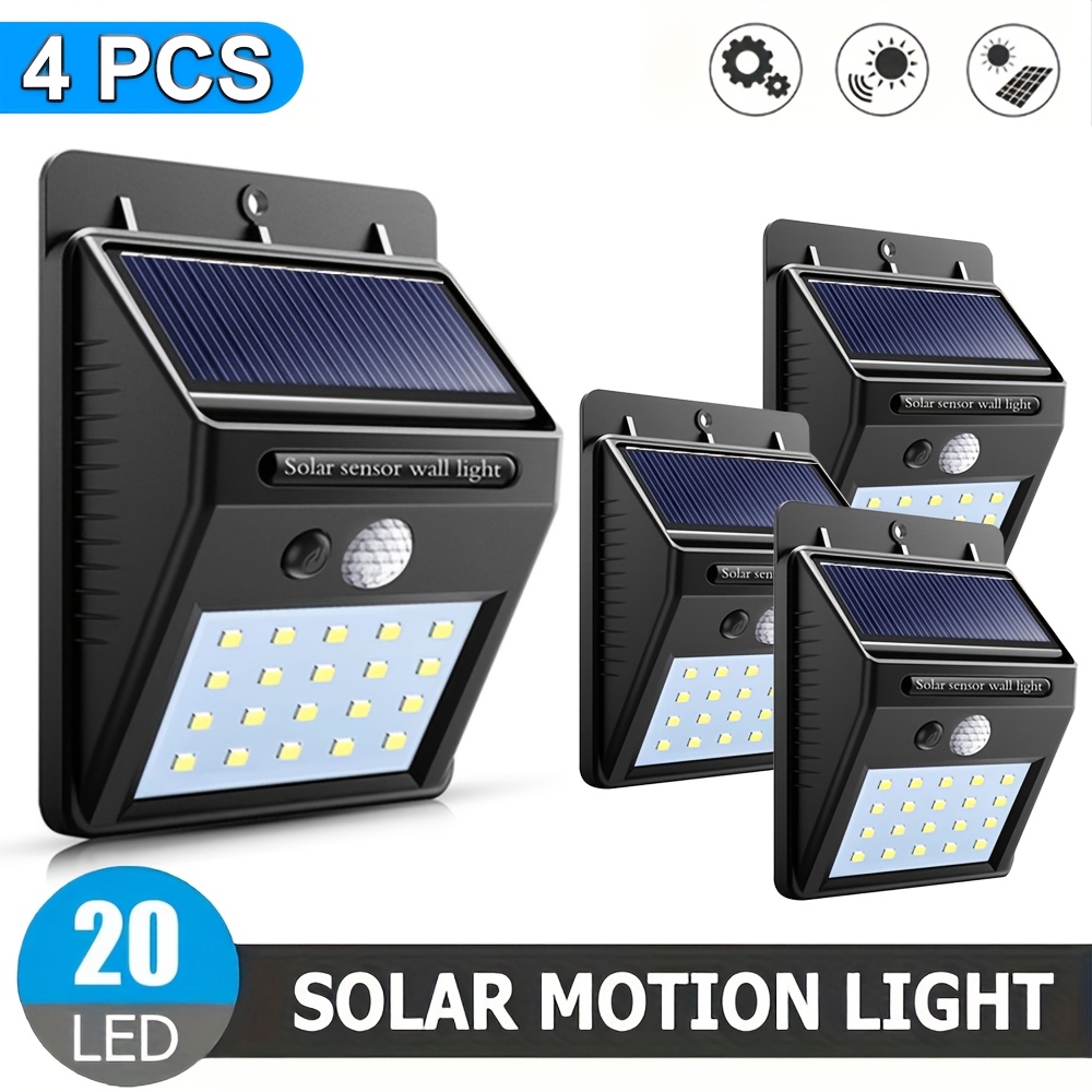 TEMU 4 pièces Lumière Solaire Extérieure, 20 LED Lumière Murale, Lumière de Sécurité à Détecteur de Mouvement, 3 Modes d'Éclairage, Lumière Murale