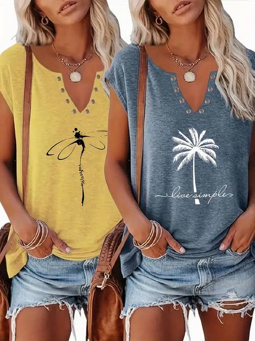2 pack womens summer v neck top loose and casual printed t