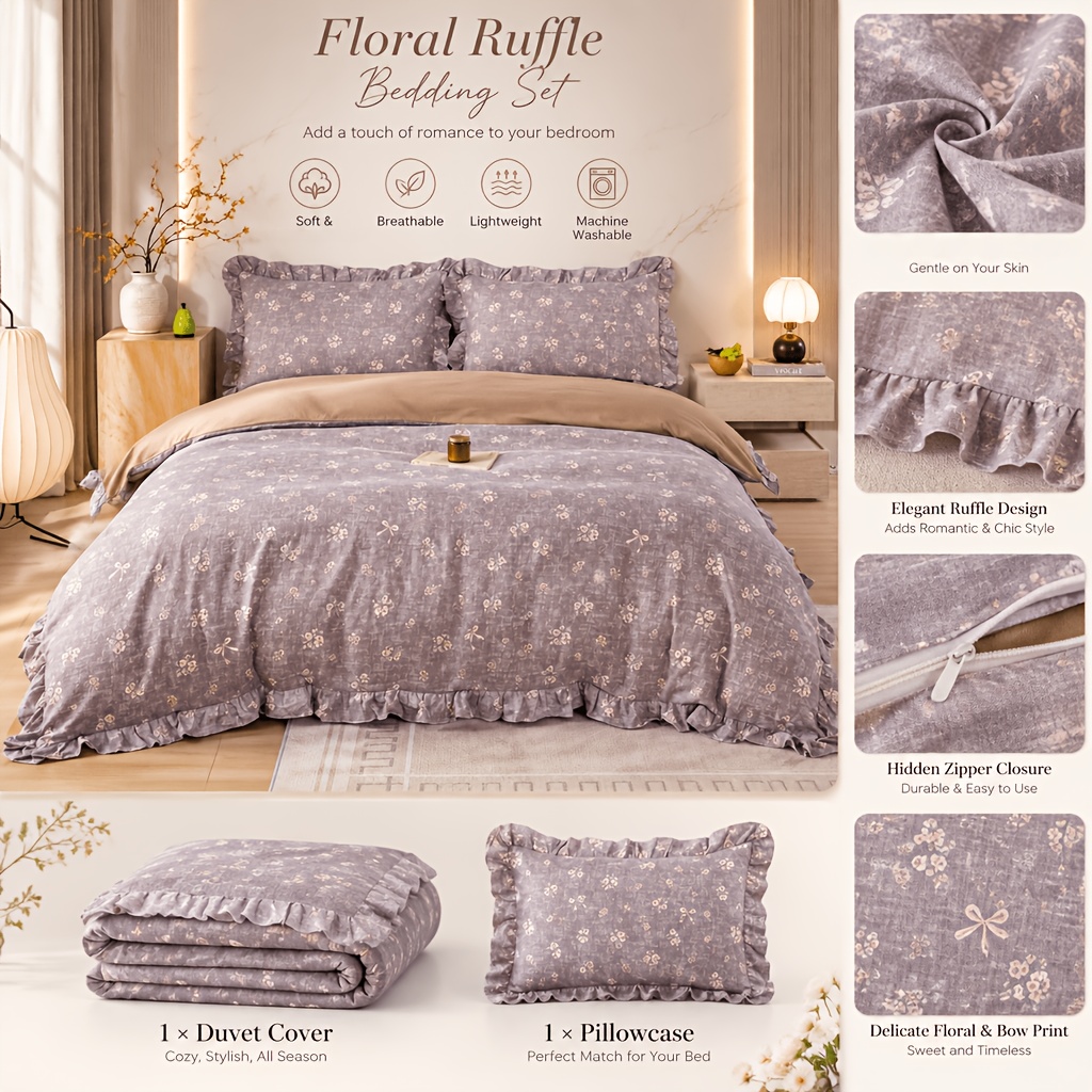 Image of Bed (135 Cm) Fiber Printed Quilt Cover Sheet Set (2/3pcs) Floral Pattern. Invisible Zipper. Soft And Hand Washed Or Machine Washed.