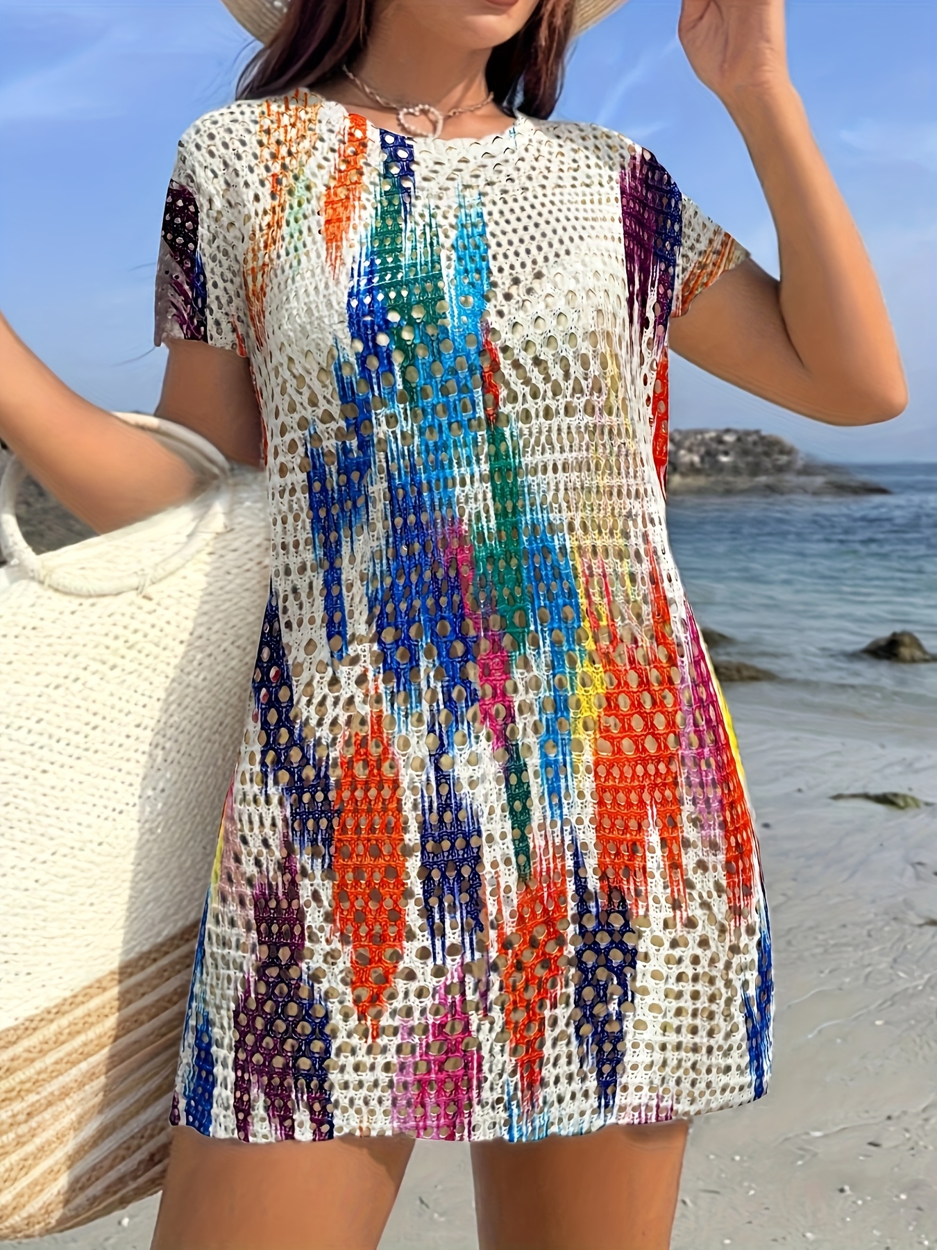 womens vibrant beach dress short sleeve round neck - Temu United Arab  Emirates