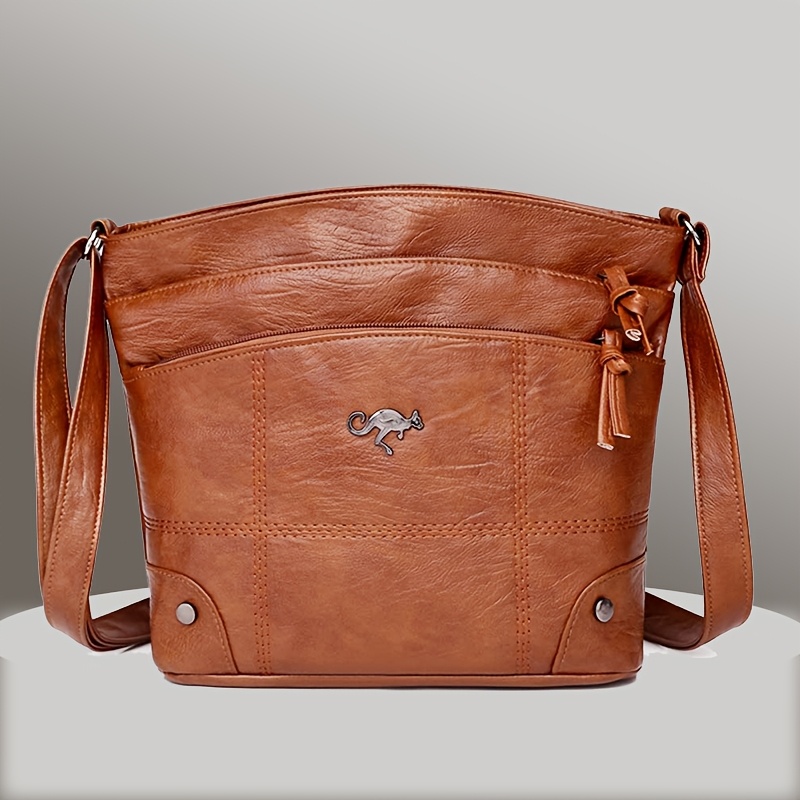 Image of Fashionable Wine-style Crossbody Bag With Multiple Zipper Pockets, Adjustable Strap, Multi-functional Solid Color, , Suitable For Daily Use. [ Vintage Bag]
