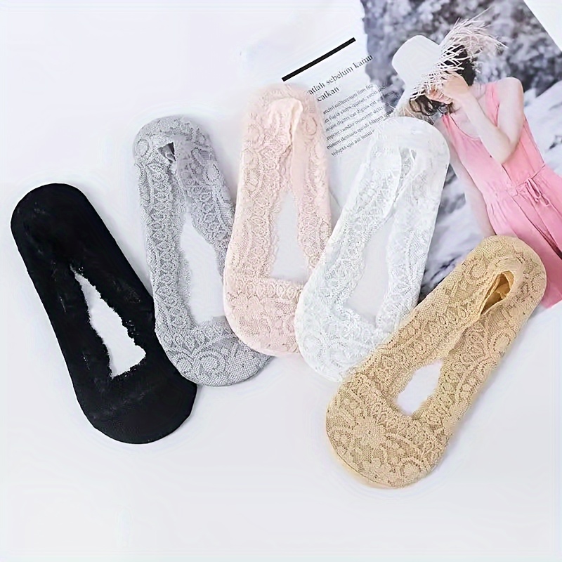 

5 Pairs Lace Socks, Non-slip Lightweight Low Cut Invisible Socks, Women's Stockings & Hosiery