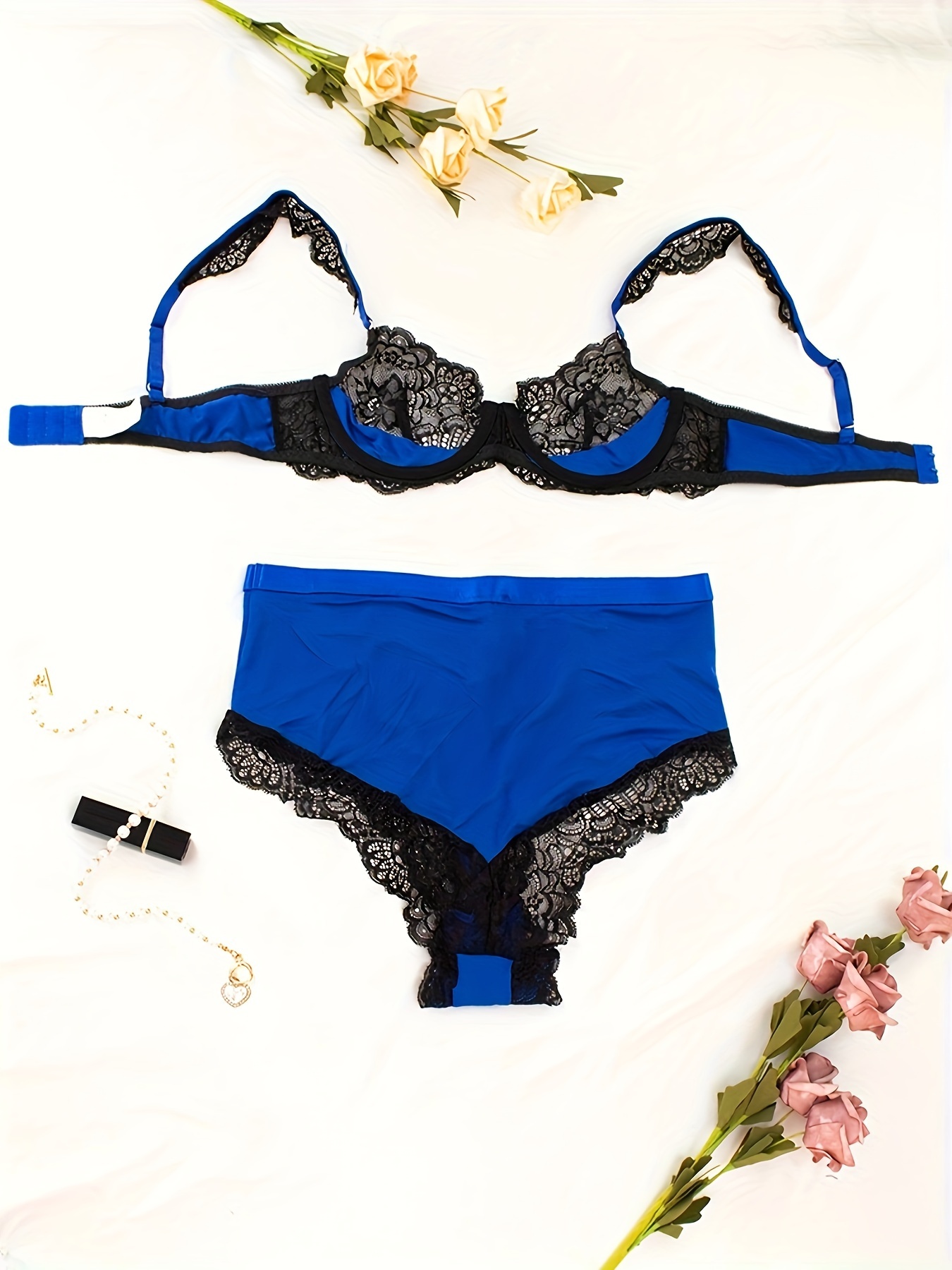 Contrast Lace Bra & Panties, Push Up Bra & Elastic Panties Lingerie Set,  Women's Lingerie & Underwear