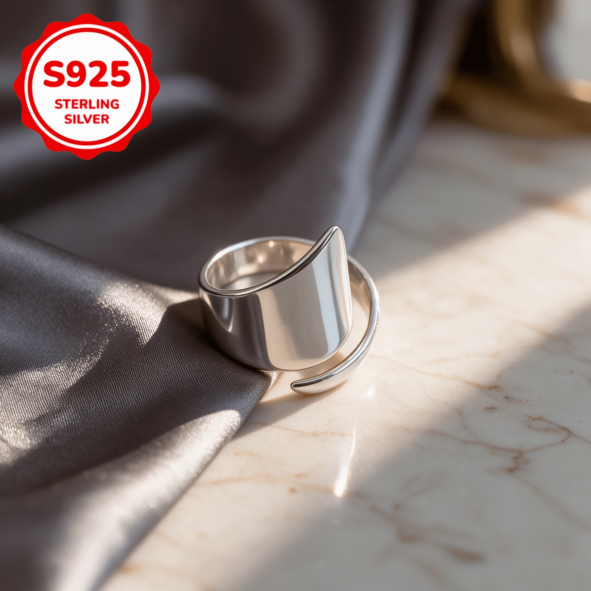 Women's 925 Silver Irregular Glossy Adjustable Ring, Versatile Design