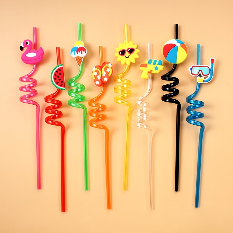 Image of 8pcs Of Straws, Reusable Spiral Plastic Straws, Perfect For Summer-themed Parties, Birthday Celebrations, , Suitable For Summer Beach And Pool Parties