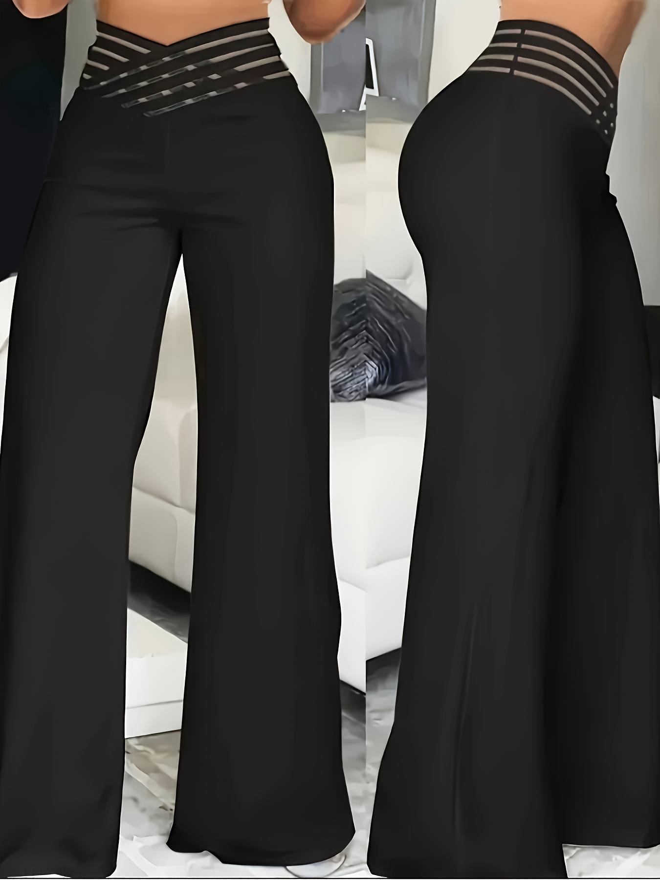 Elegant High-Waist Cross Detail Transparent Mesh Patchwork Pants, Solid Color, Polyester, Machine Washable - All Seasons