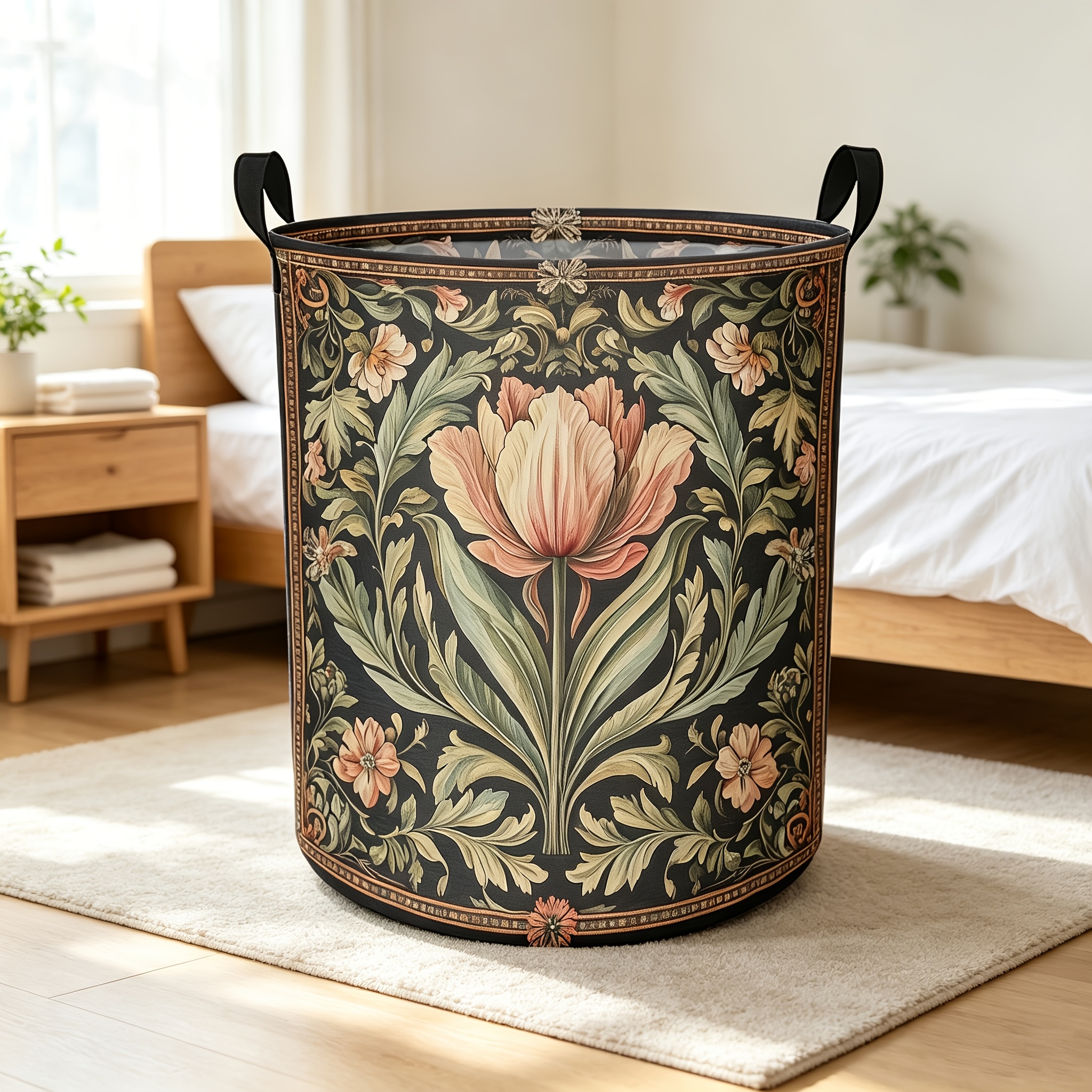 TEMU 1pc Vintage Floral Round Storage Basket - /pink/brown/, Stackable Space-saving Laundry Basket, Suitable For Bathroom, Bedroom And Home