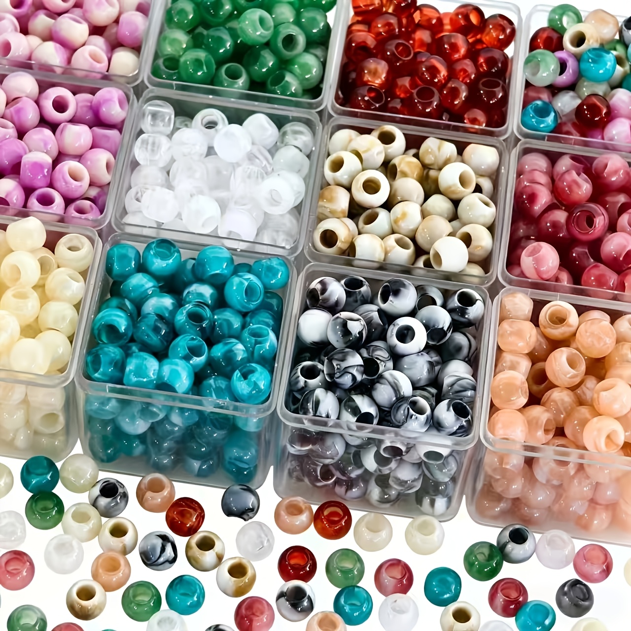 TEMU 101 pièces Perles rondes bicolores de 8 mm à grand trou de style vintage, Perles acryliques imitation jade pour la fabrication de bijoux, la