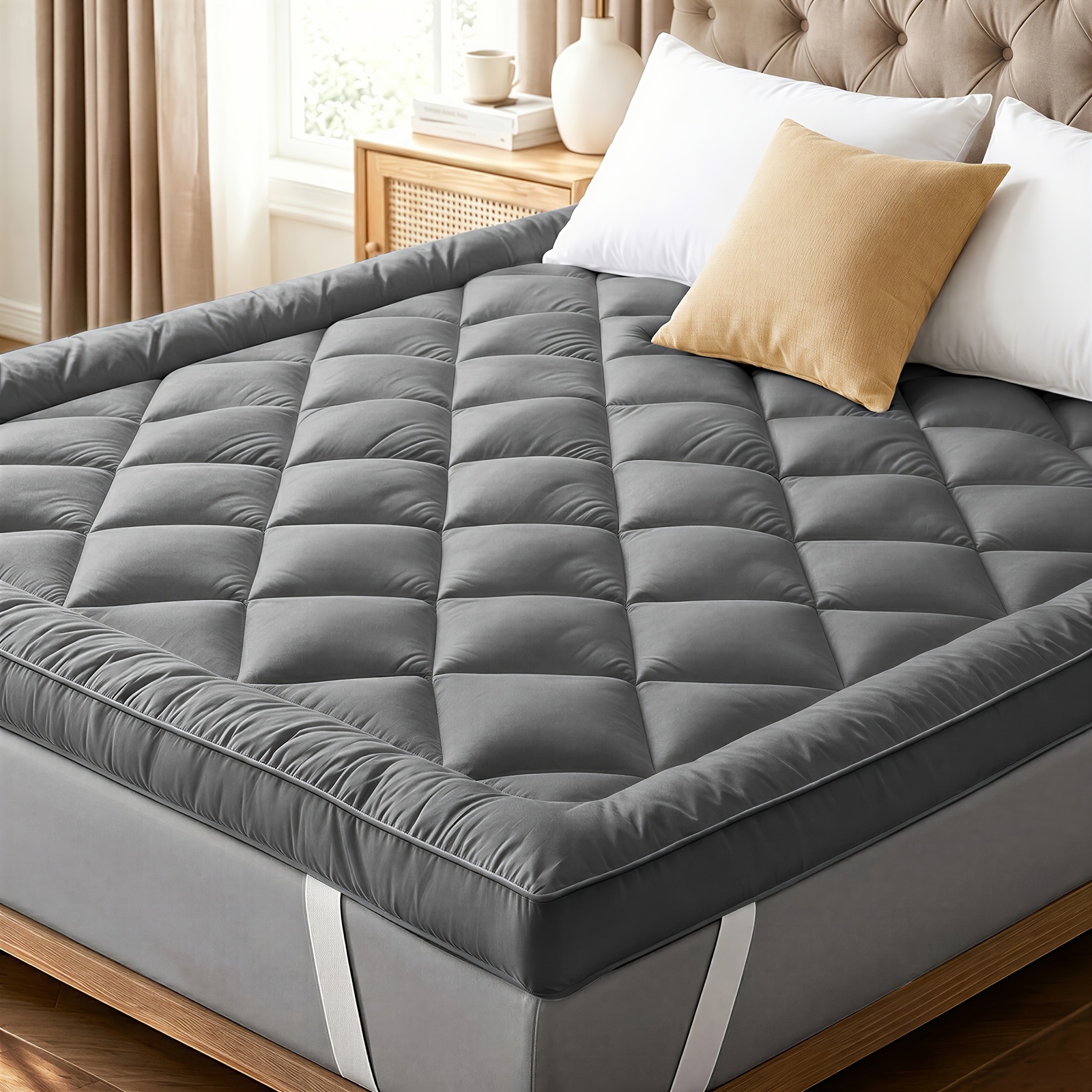 Image of Soft And Breathable Mattress Topper, 5cm High, Filled With Of Fiber, Suitable For , Machine Washable, With Strong Elastic Straps, Fabric, Top Quality.