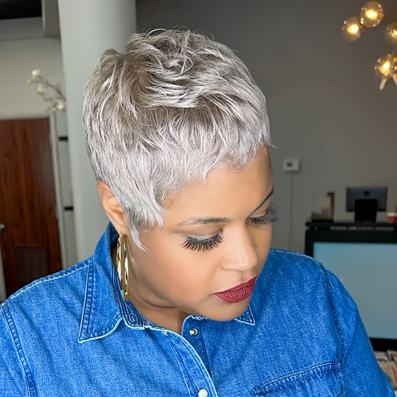 

Chic Grey Cut Wig For Women - 6-inch, 150% Density, Hair, Short Straight , Ideal For Daily Use & , Short Hair Wig