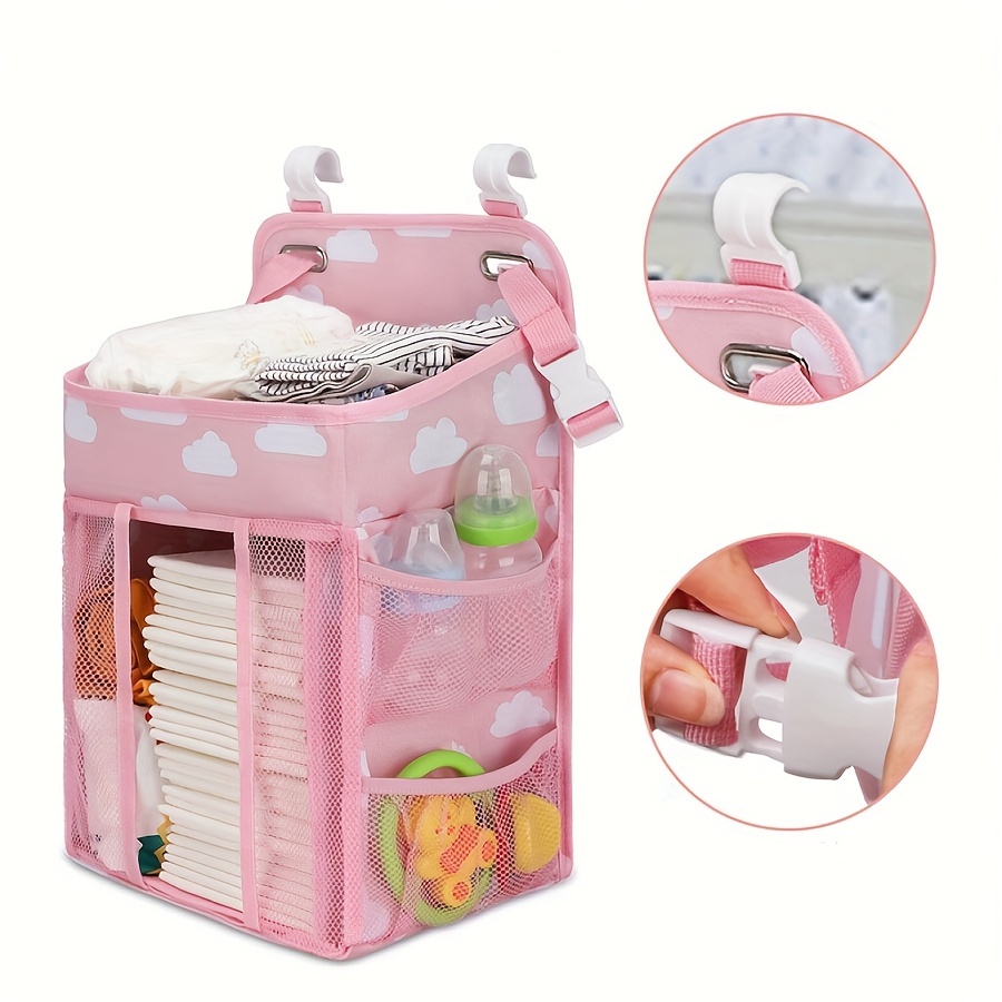 Pink & White Polka Dot Nursery Storage Hanging Bag - 3 Compartments for Diapers, Toys, Bottles & Wipes - Easy Access Half-Open Design, Durable Fabric Organizer for Nursery Decor, Diaper Bag, Playful Pattern, Visible Compartment