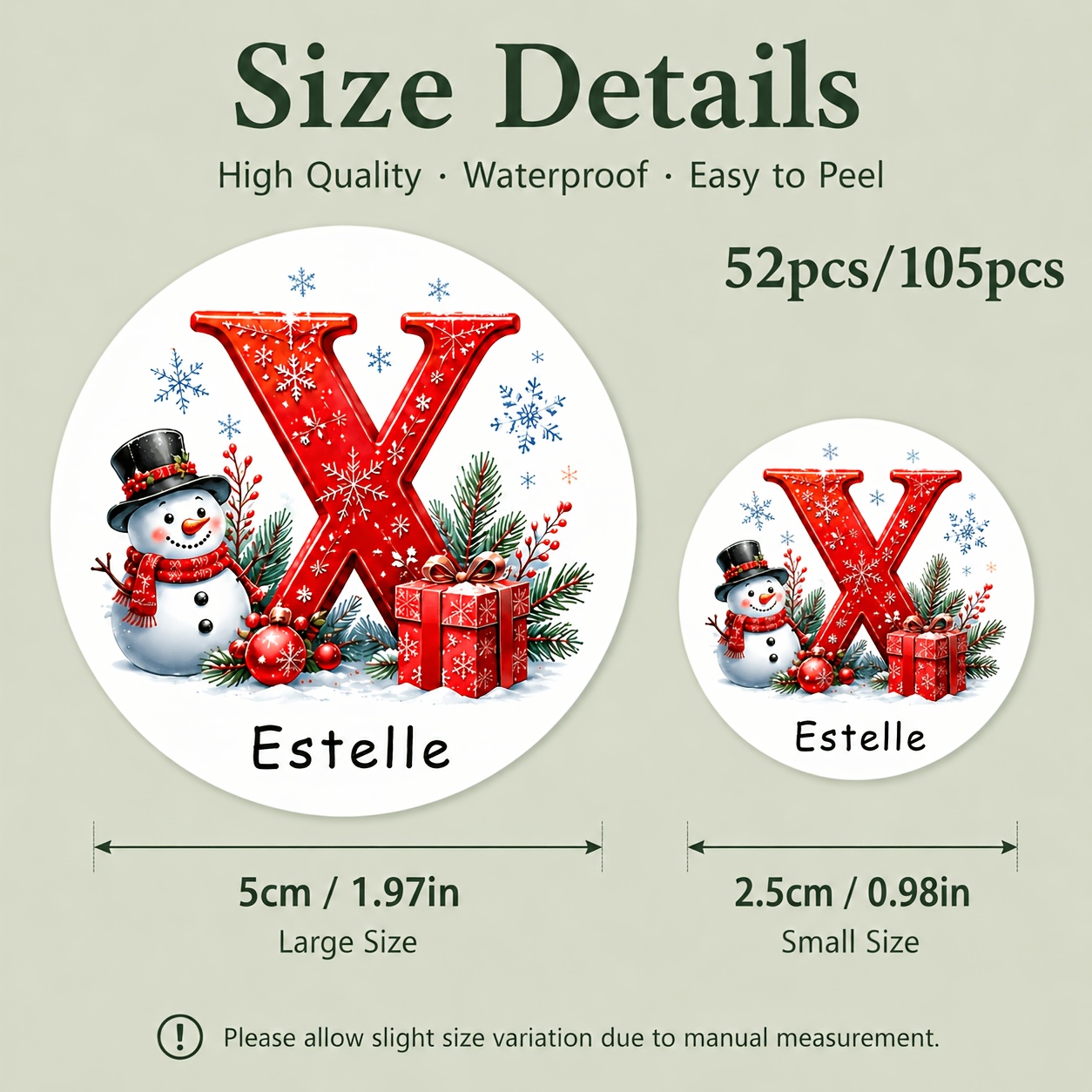 TEMU Personalized Christmas Stickers, Custom Name & A-z Initial Round Labels, 52/105pcs, 1in/2in Snowman Holiday Gift Tags For Wrapping Paper,