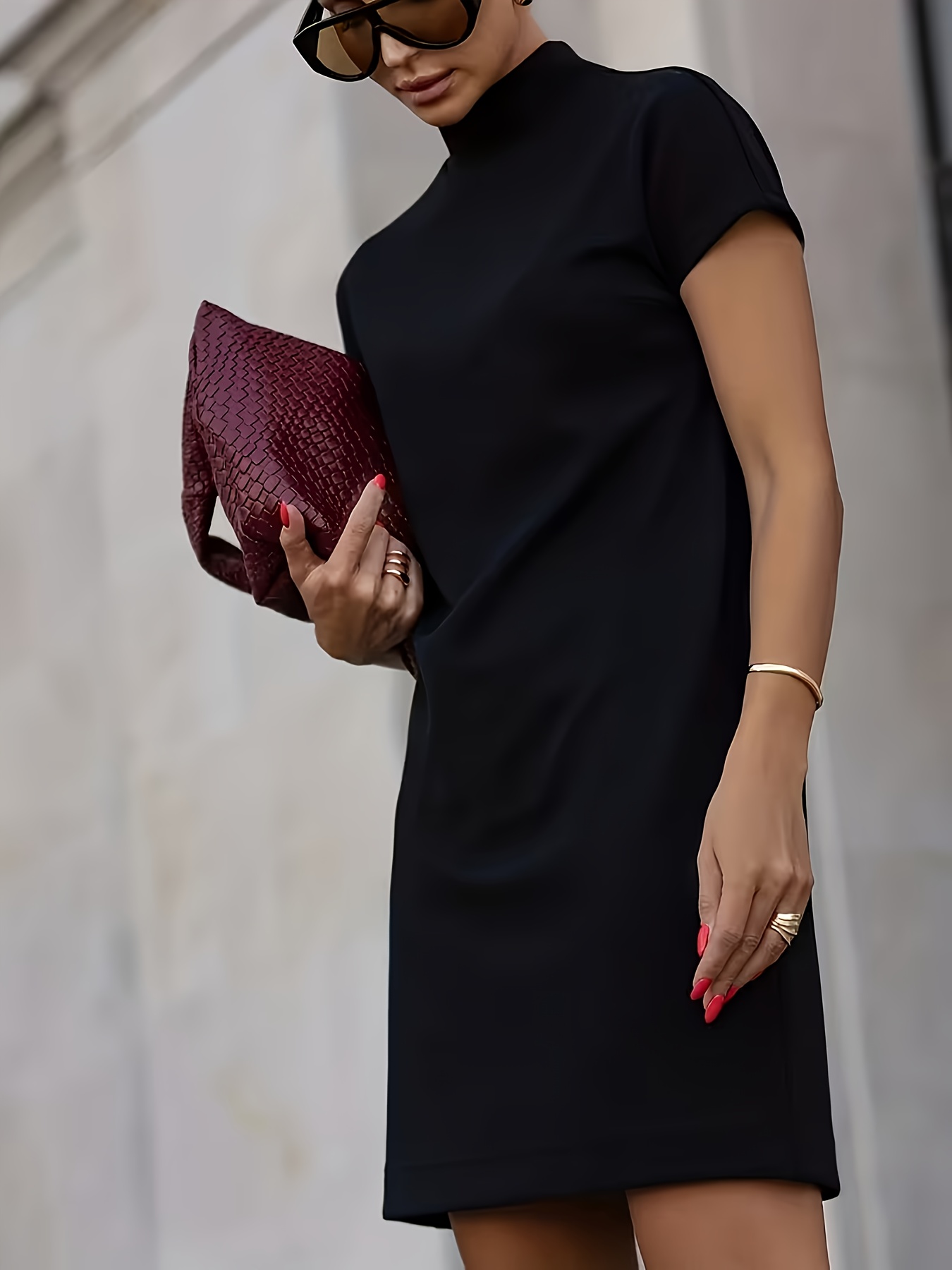 high neck short sleeve black dress knee length fit solid COLORS_Fuchsia