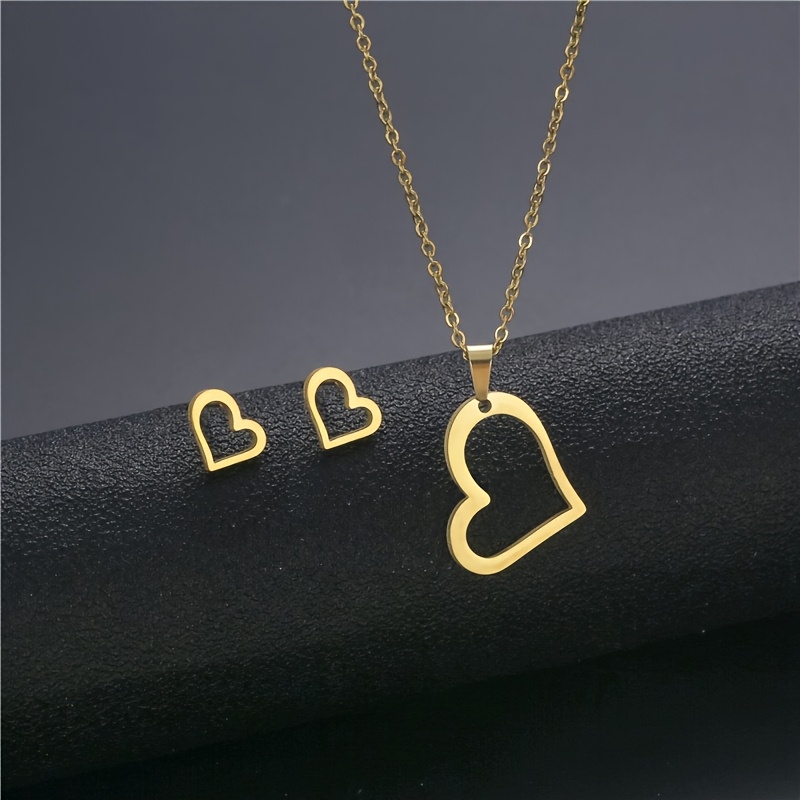 

Stainless Steel Minimalist Heart Necklace And Earrings Set, Heart-shaped Polished Hollow-out Ladies' Jewelry Set