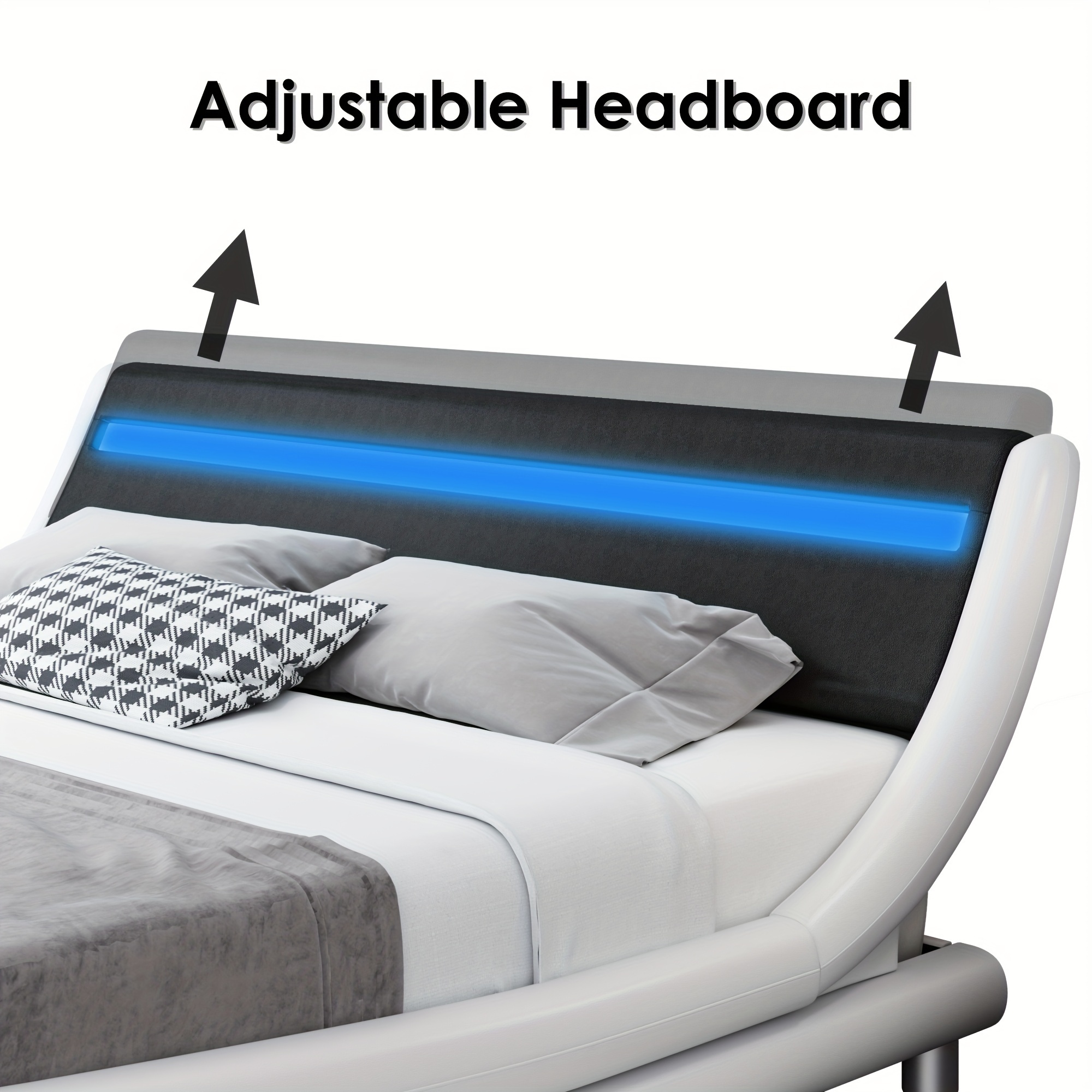 Elegant LED-Lit Adjustable Headboard Bed Frame - Modern Black Platform Bed with Sleek Faux Leather Upholstery & Wooden Slat Support, Easy Assembly, No Box Spring Needed for Contemporary Home Decor, Portable Bed