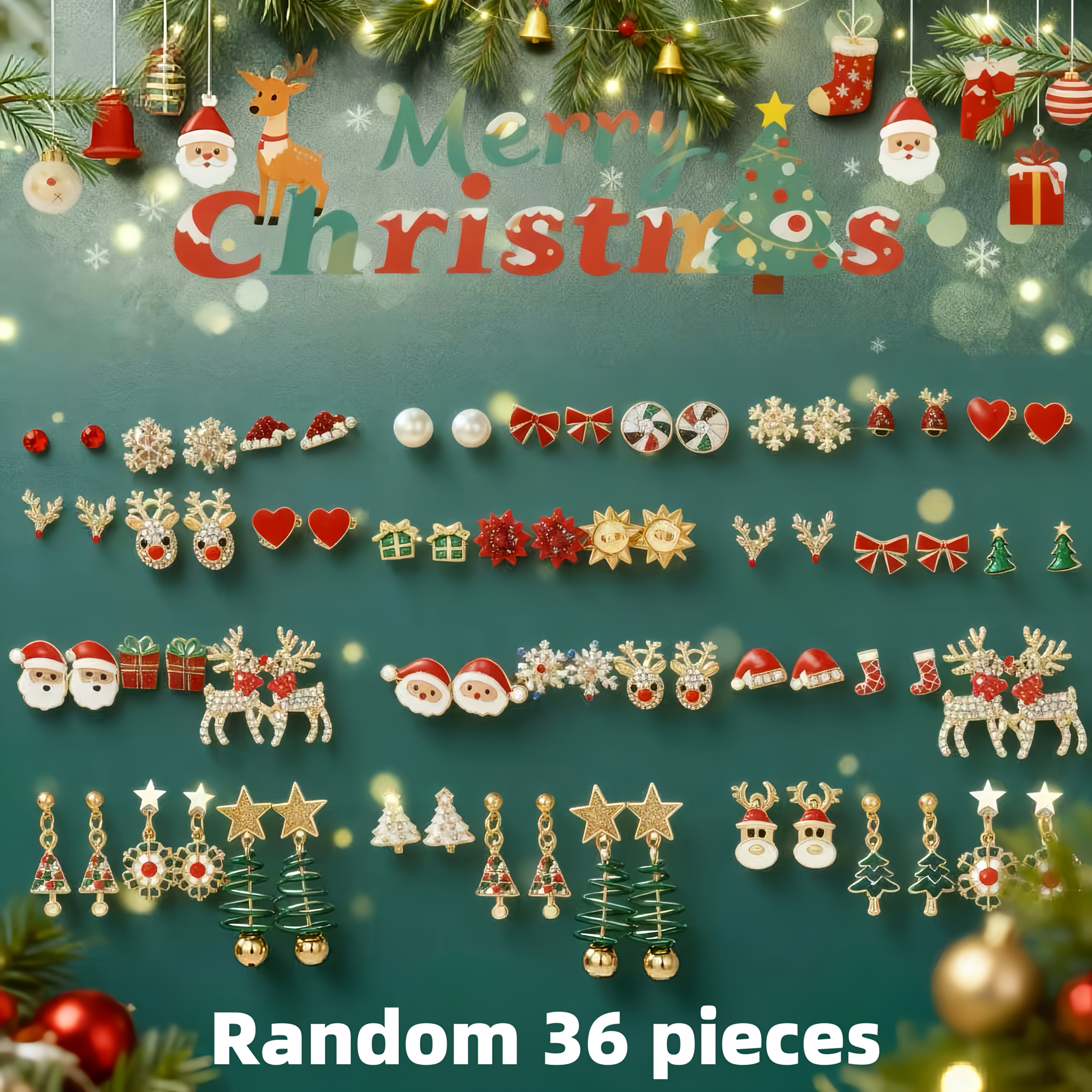 TEMU Random 12/24/36pcs/set Of And Adorable Cartoon Santa Claus, Reindeer, Snowflake, Bow, Spring, Christmas Tree, Red Heart, Color Palette Earrings