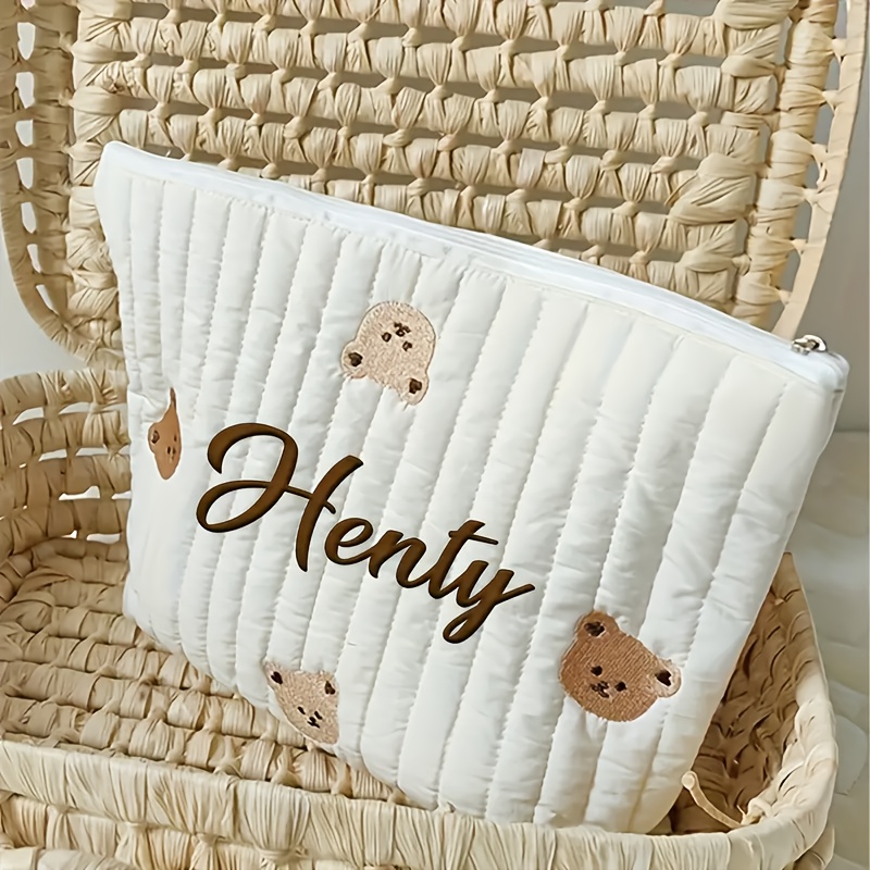 TEMU 1pc Embroidered Custom Name, Cartoon Mommy Travel Tote Bag With Large Capacity Diaper Organizer And Multifunctional Makeup Pouch, Cute Bear &