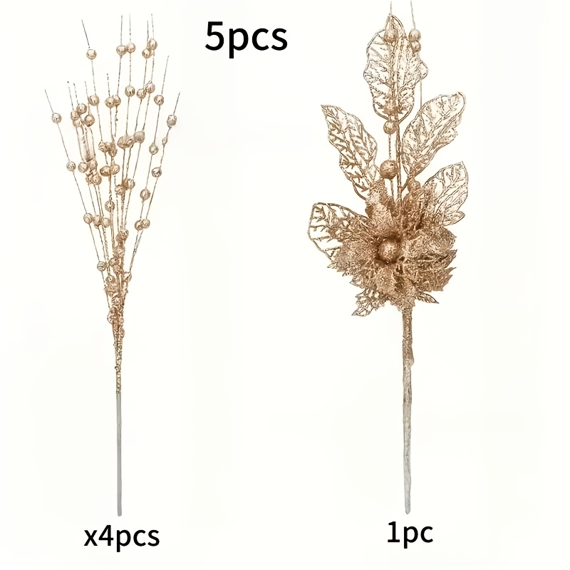 TEMU 5pcs Set Of Simulated Golden Glitter Beads And Golden Glitter Lilies - Christmas Tree Ornament Set, Champagne Artificial Shiny Berry Flower