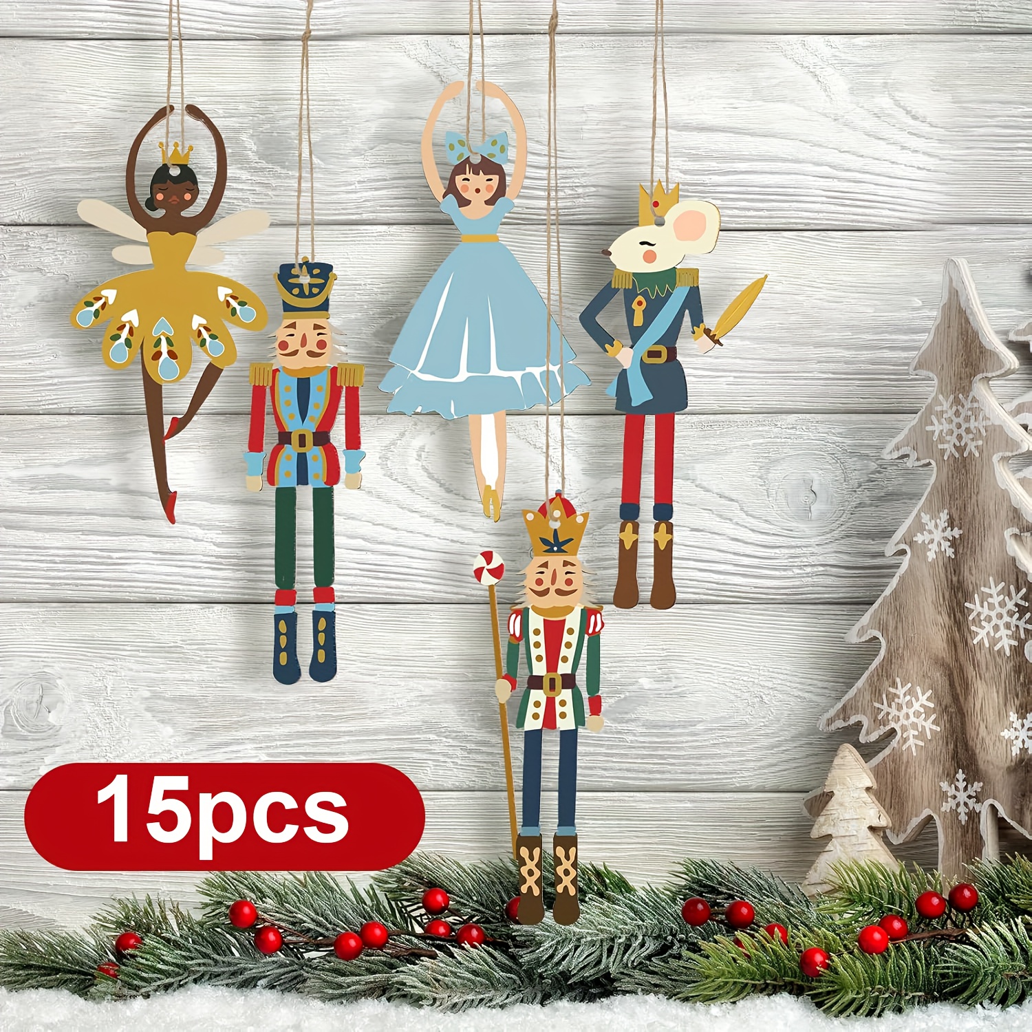 TEMU 15pcs Wooden Christmas Nutcracker Fairy Tale Decorative Hanging Ornaments, Featuring Integrated Soldier, Ballerina, Mouse King, And Fairy