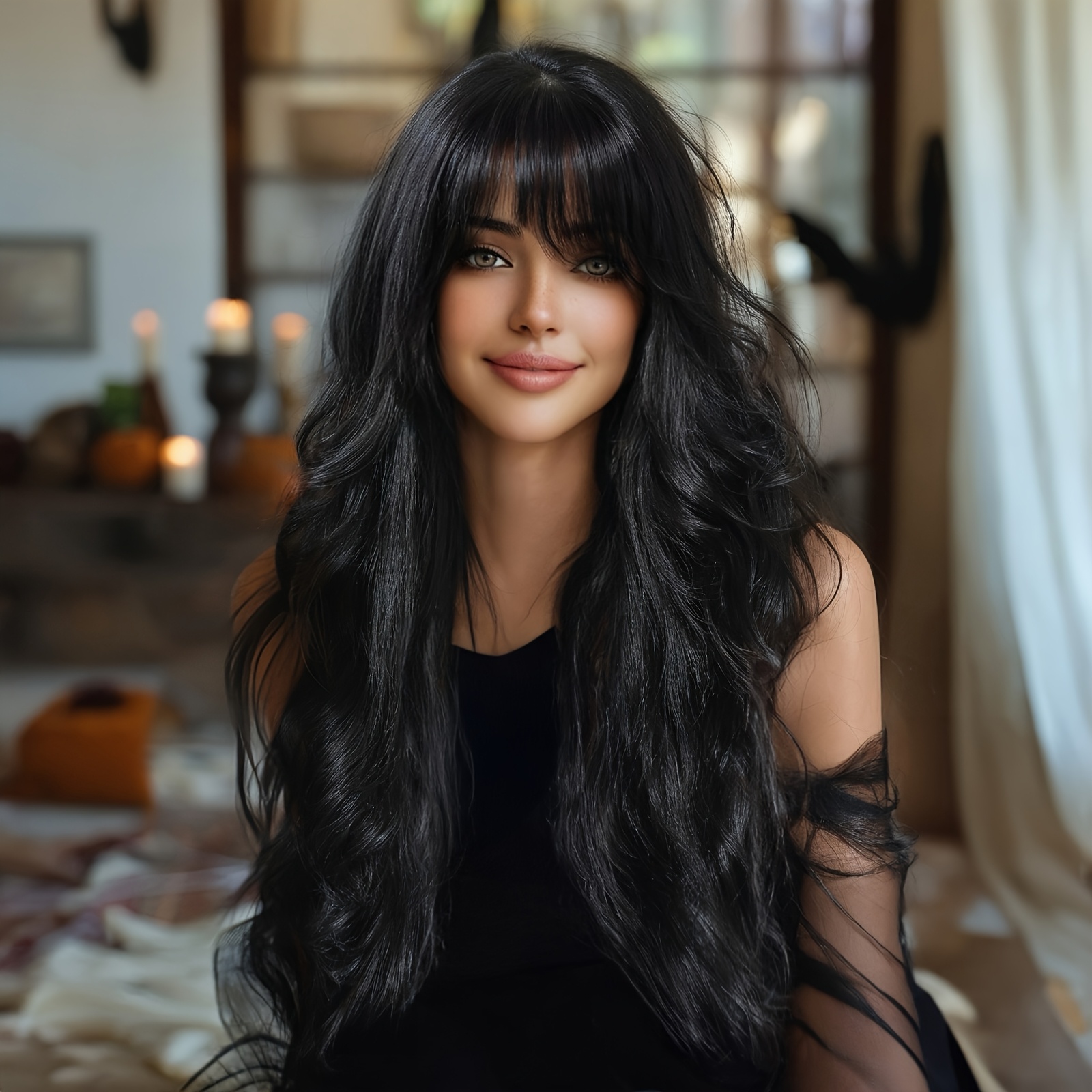 TEMU Elegant 26" Black Curly Wig With Bangs For Women - Soft, Heat-resistant Synthetic Hair For Daily Wear, Parties, Halloween & Cosplay, Wig Accessories