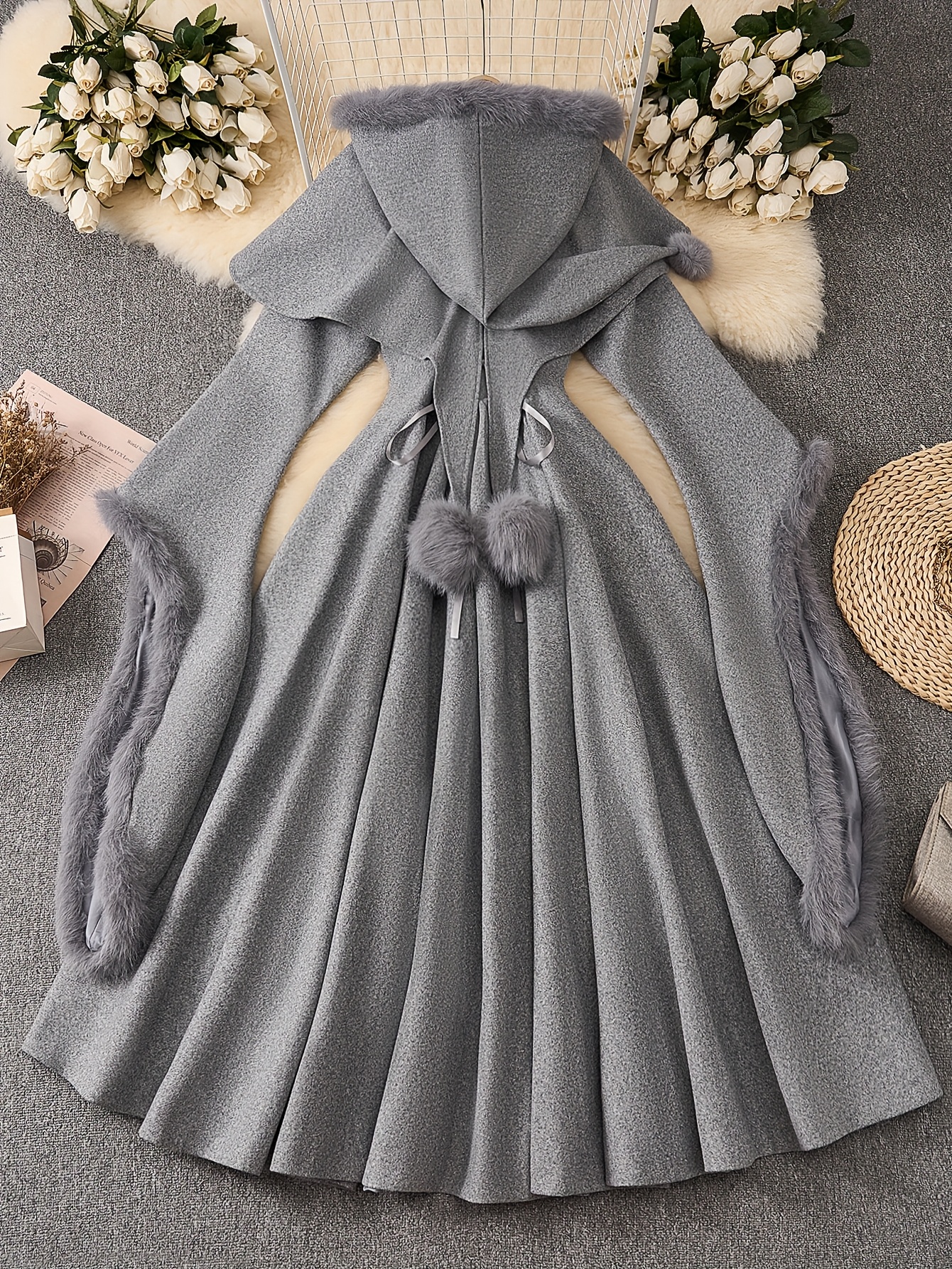 navy blue dress for baby girl Gray Buttoned Princess Coat with Cuffs, Fit and Flare Overcoat, Asymmetric High Collar Full Skirt Coat, Gray Winter Wool Mix Jacket Coat main image 0