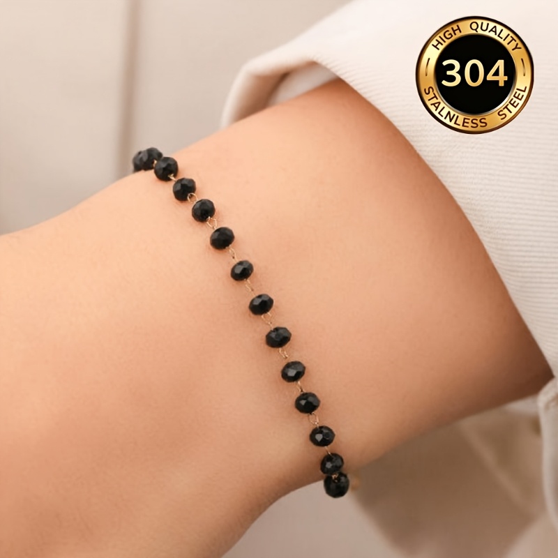 TEMU 1pc Elegant Retro Bohemian Style Black Resin Bead Bracelet With Golden-tone Stainless Steel Clasp - Adjustable Length, Casual Attire& Gift