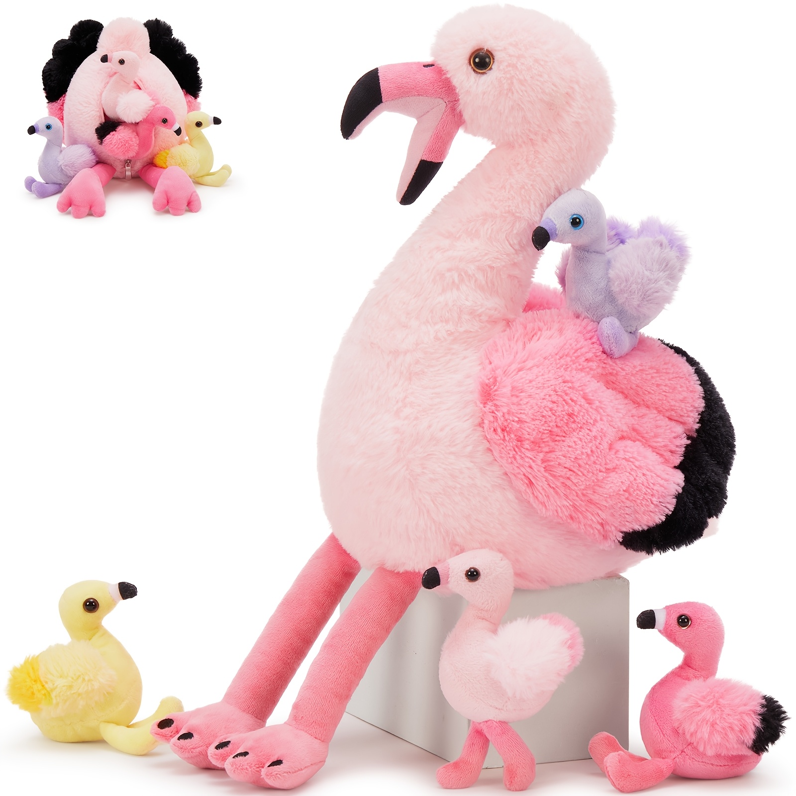 Image of Morismos Flamingo Stuffed Animal With 4 Babies, 17.7" Pink Mommy Flamingo Plush With 4 Babies Soft Bird Toy For Kids Birthday Gift Nursery Decor