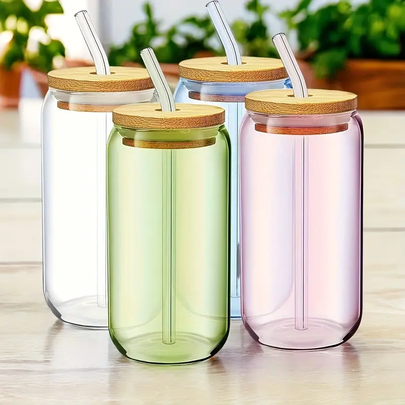 4pcs glass cups with lid and straw and styles milk tea cup drink cup iced coffee cup glass coffee cup with bamboo lid Product details 0