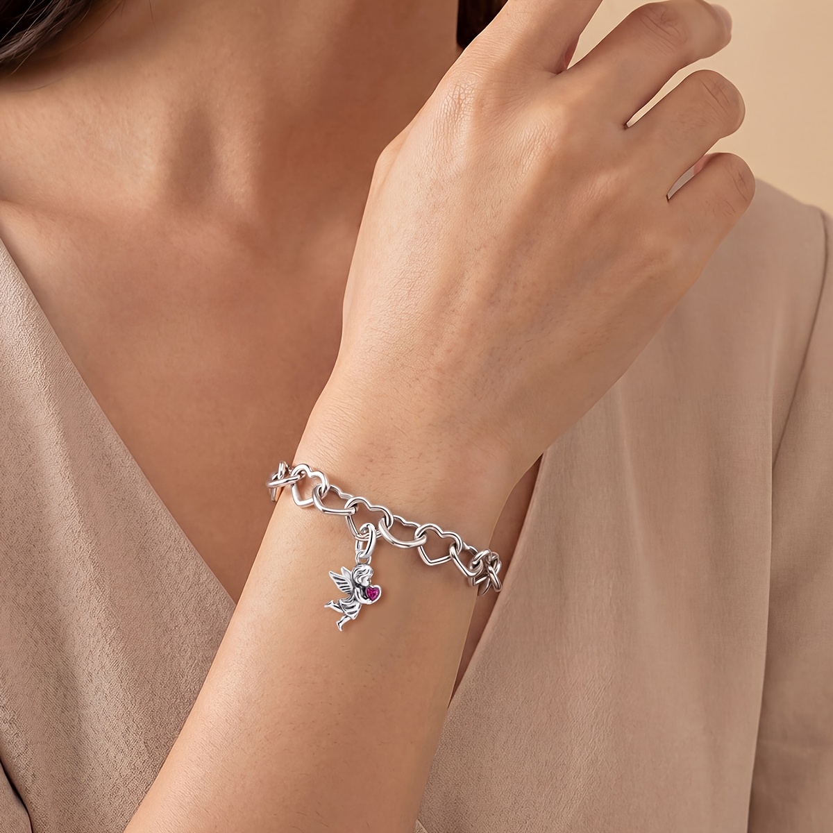 Heart-Holding Angel Vintage Pendant Bracelet, 925 Silver Plated