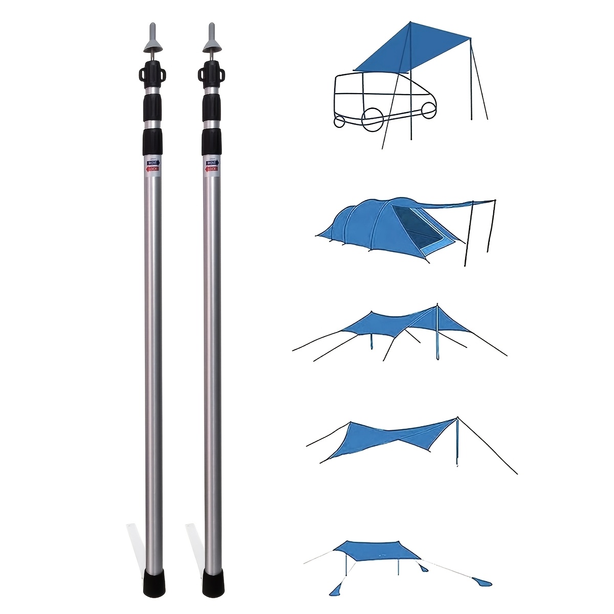 TEMU 2pcs/3pcs Telescopic Camping Pole, Outdoor Canopy Pole, Tent Pole, Sunshade Pole, Aluminum Alloy Telescopic Rod, 3-section Adjustable Support