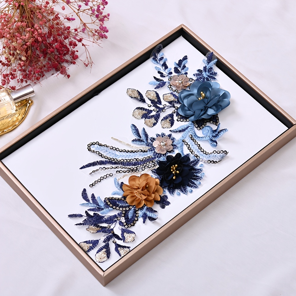 TEMU Appliqué Brodé à Paillettes avec Floraux et , Patch en Tissu Bleu pour Réparation de Vêtements en Dentelle Robuste à Coudre à en Bricolage