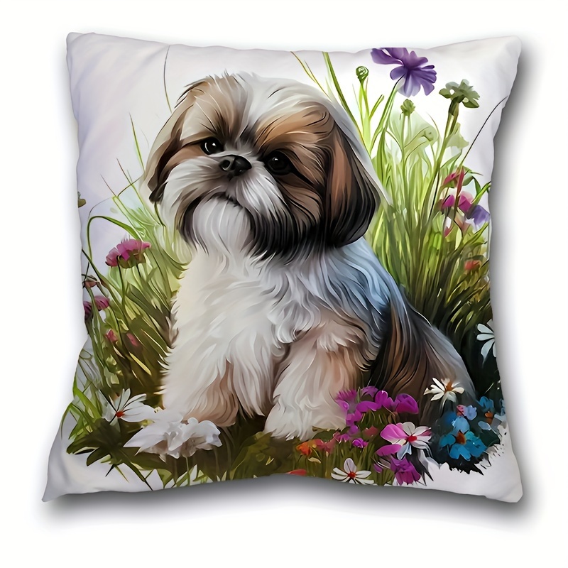 

Dog Print Short Plush Pillowcase 17.7"x17.7" - French Style, Zip Closure, Machine Washable, Knitted Polyester Cover For Living Room Decor, Animal Theme Home & Bedroom Accessory (1pc)