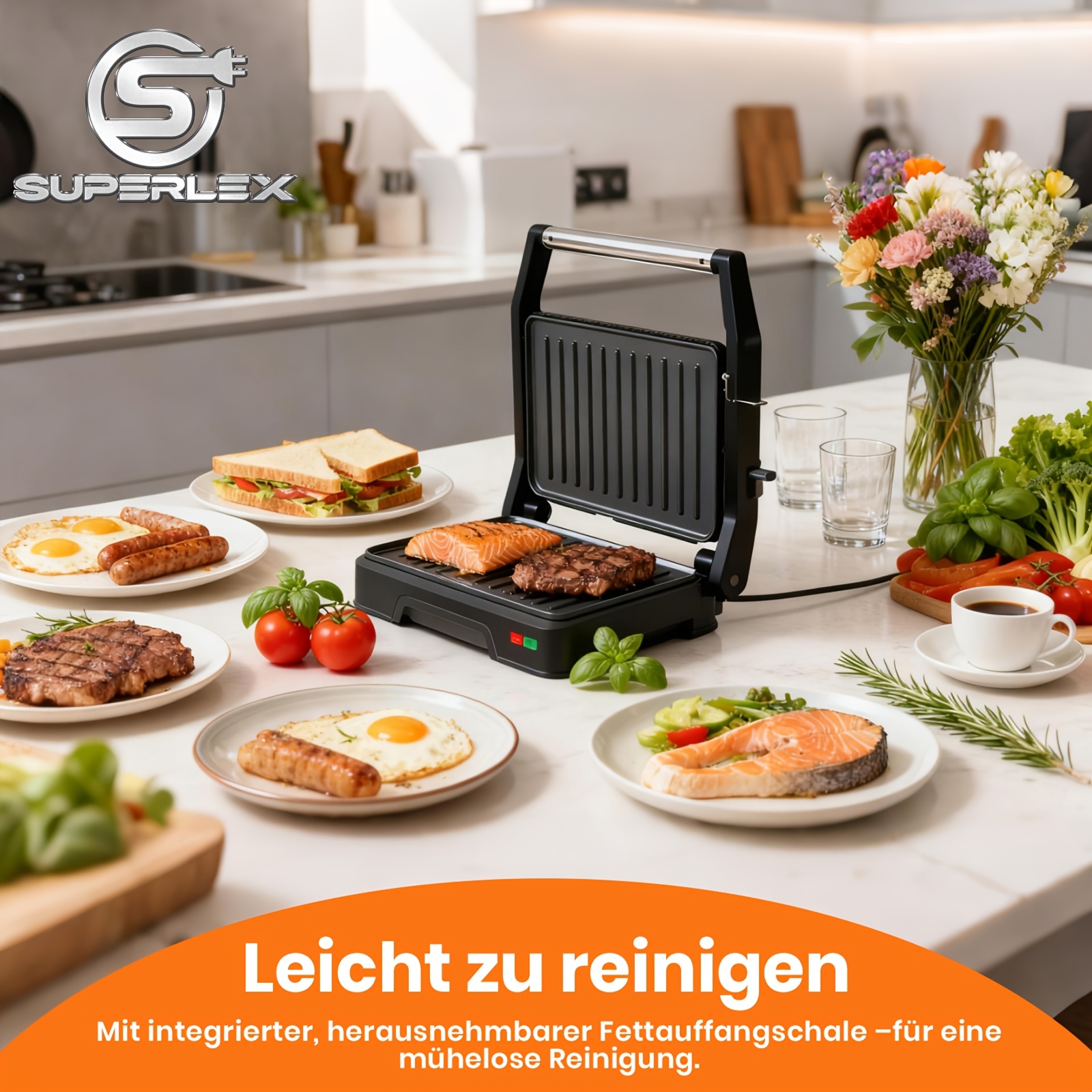 E-shop SUPERLEX 2-in-1 Tischgrill & Panini-Maker mit -Haft-Grill & Presse, zweiseitig, offenes Flachdesign & Tropfschale – Kompakter Grill für