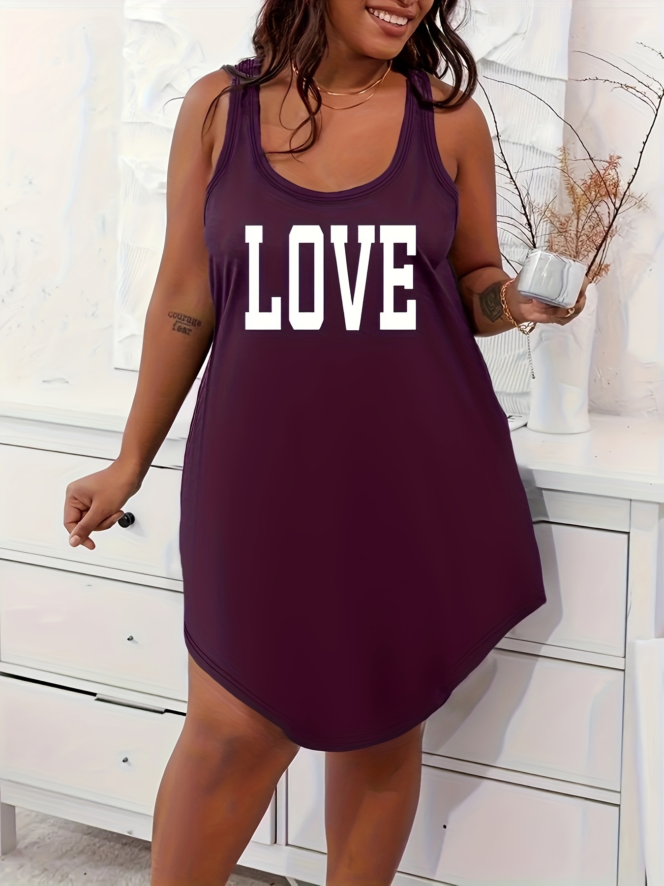 Women's Plus Casual Lounge Dress, Plus Size Letter Graphic Scoop Neck Racer Back Tank Home Wear Dress