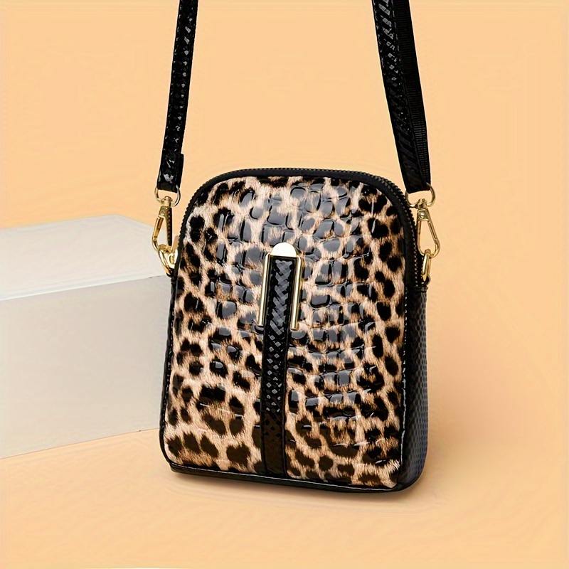 TEMU Elegant Leopard Print Mobile Phone Bag, Retro Mini Crossbody Bag, Women's Zipper Shoulder Purse