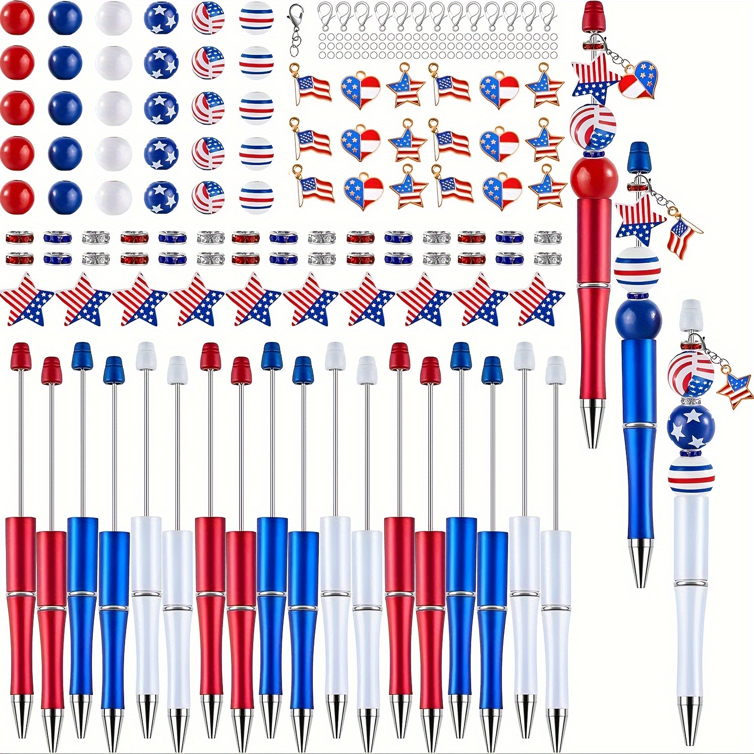 

Diy Silicone Beaded Pen Making Kit With 9pcs Bead Pens, 65pcs Blue White Red Beads, 9pcs Pendants, 10pcs Lobster Clasp And 40pcs Open Rings For Independence Day Decoration